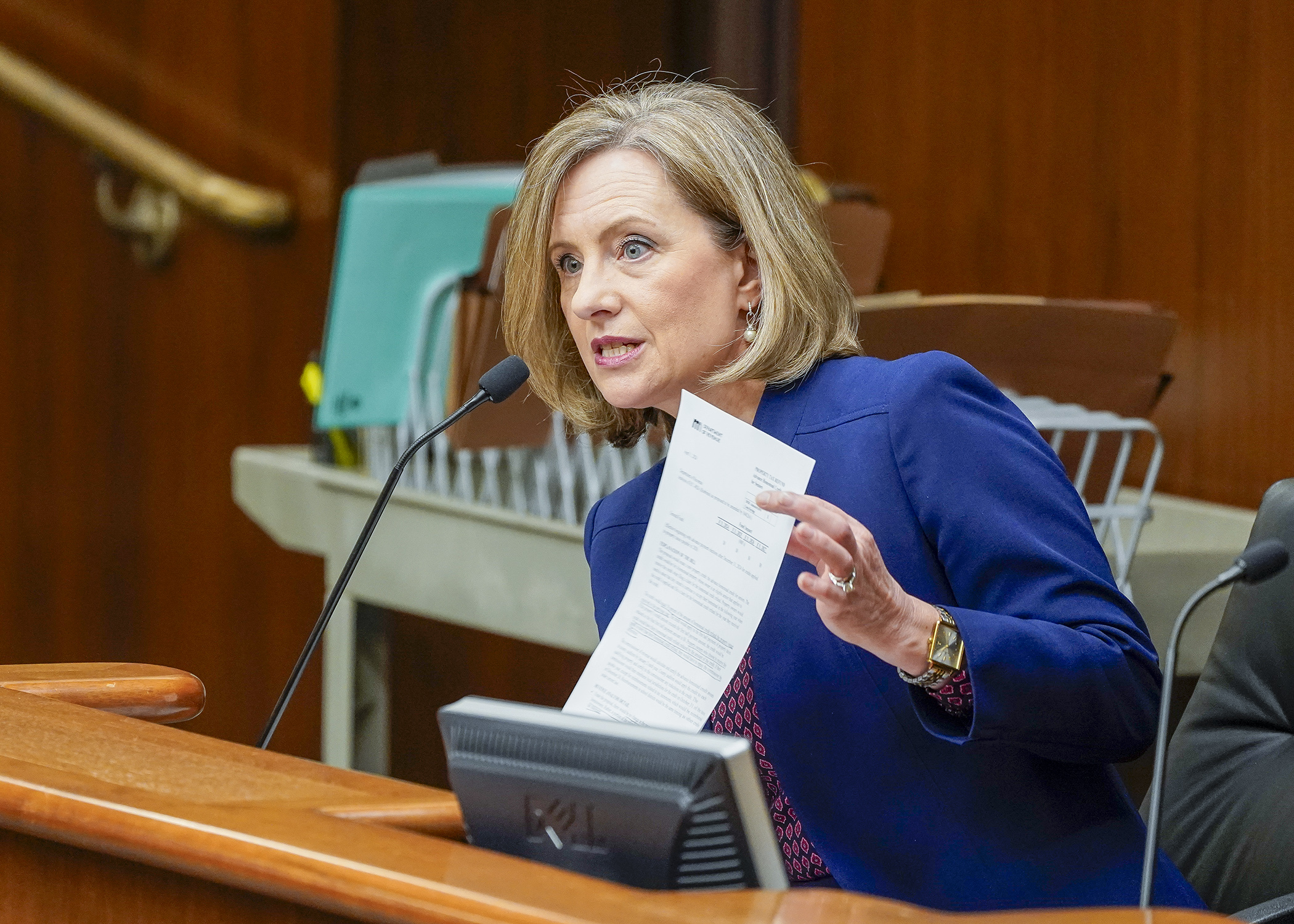 Rep. Kristin Robbins presents a bill she sponsors to the House Taxes Committee April 2. The proposal would provide a system through which seniors may elect to receive an advance payment of 50% of their homestead credit refund. (Photo by Andrew VonBank)